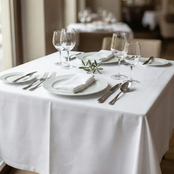 Mantel Blanco Satén para hostelería en mesa de restaurante